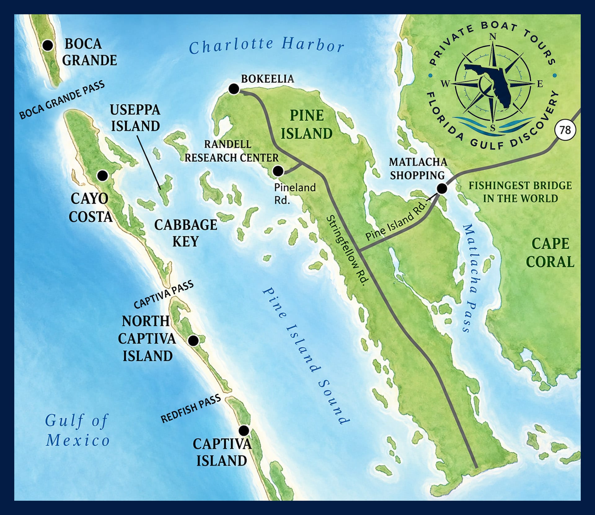 Pine Island Sound Map | Southwest Florida Destination Guide Illustrated map of Pine Island Sound showing Boca Grande, Cayo Costa, Useppa Island, Cabbage Key, Captiva Island, Bokeelia, Pine Island, and Matlacha in Southwest Florida.