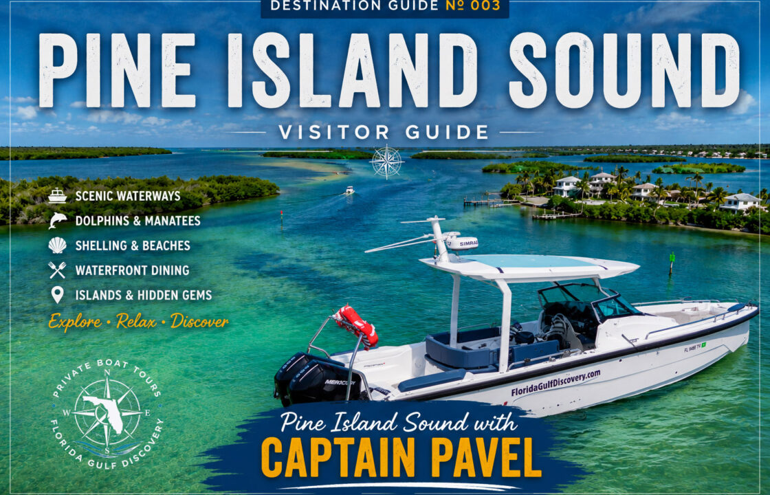 Cover artwork for the Pine Island Sound Visitor Guide featuring Captain Pavel aboard a private boat surrounded by the scenic waterways, mangrove islands, and turquoise waters of Pine Island Sound in Southwest Florida.