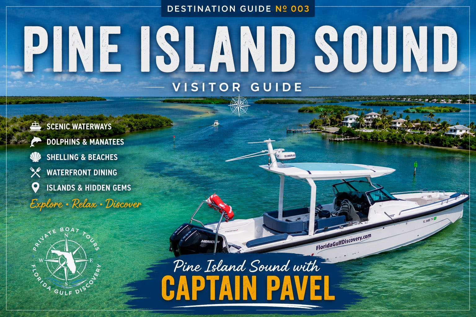 Cover artwork for the Pine Island Sound Visitor Guide featuring Captain Pavel aboard a private boat surrounded by the scenic waterways, mangrove islands, and turquoise waters of Pine Island Sound in Southwest Florida.