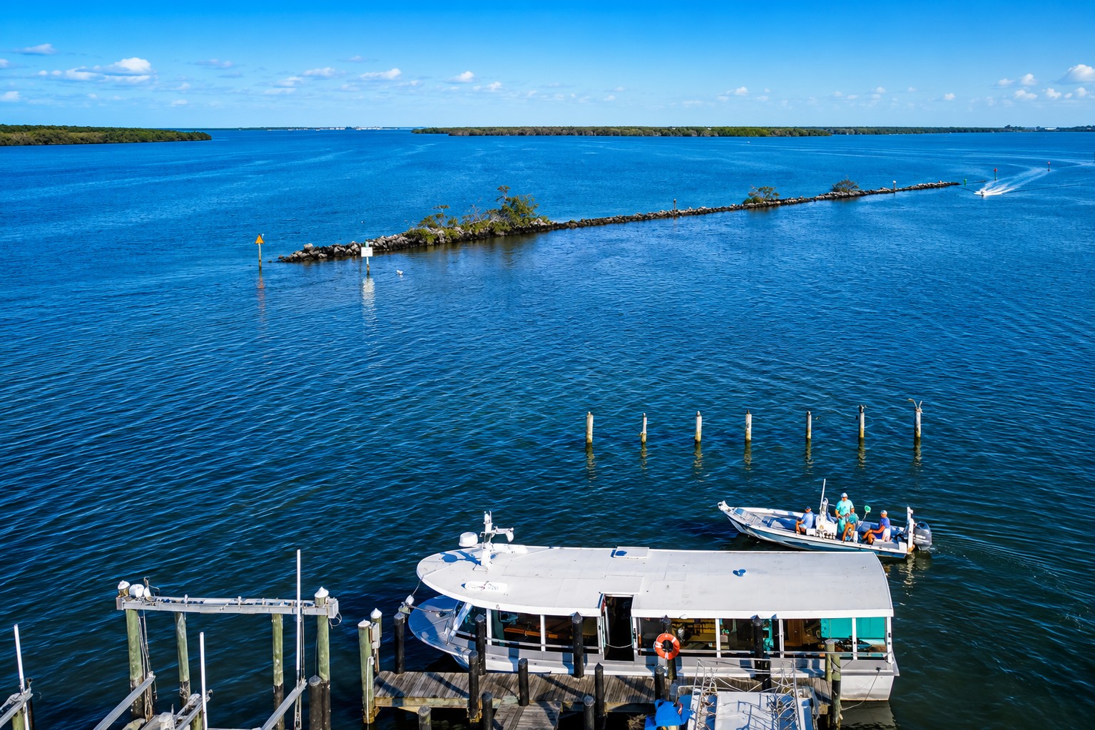 Aerial view of Pineland, Wilson Cut, and Pine Island Sound in Southwest Florida