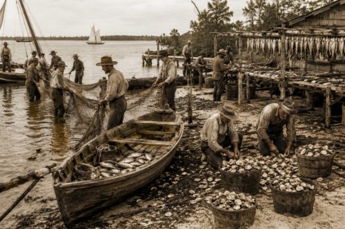 Historical illustration of pioneer fishermen hauling nets, unloading wooden skiffs, drying fish, and harvesting oysters along the shoreline of Charlotte Harbor, Florida.
