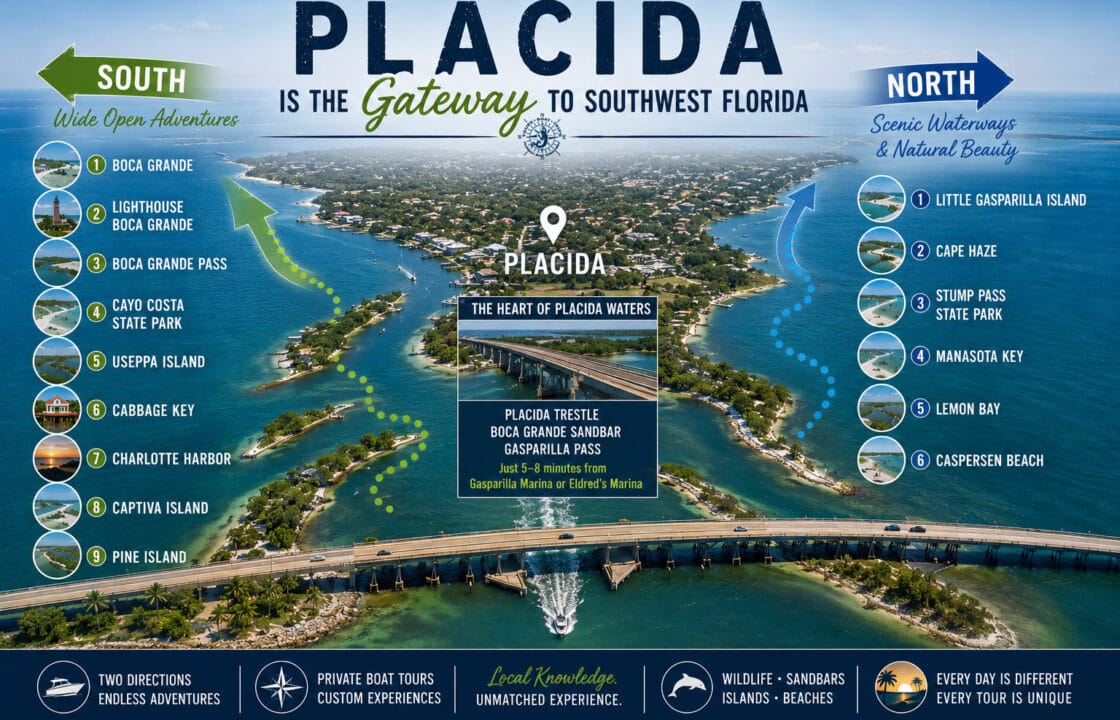 Placida is the Gateway to Southwest Florida showing north and south boating destinations including Boca Grande, Cayo Costa, Stump Pass, and Lemon Bay.