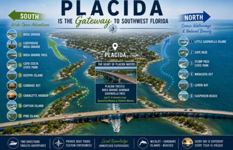 Placida is the Gateway to Southwest Florida showing north and south boating destinations including Boca Grande, Cayo Costa, Stump Pass, and Lemon Bay.