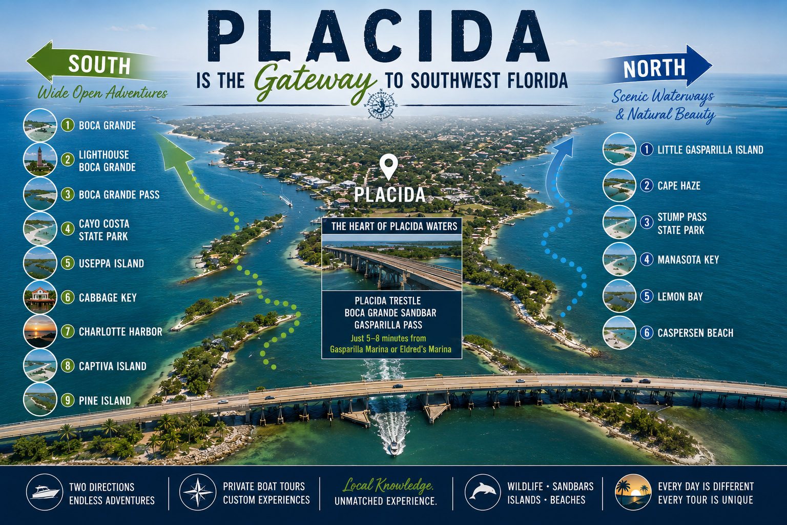 Placida is the Gateway to Southwest Florida showing north and south boating destinations including Boca Grande, Cayo Costa, Stump Pass, and Lemon Bay.
