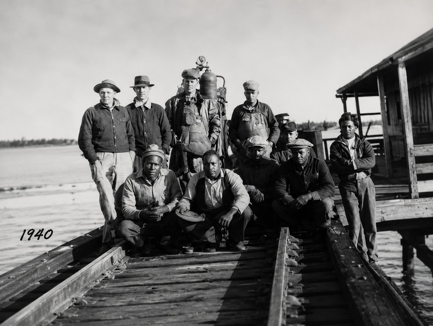 Historic 1940 photograph of railroad workers posing on the Placida Trestle leading to Boca Grande, Florida.