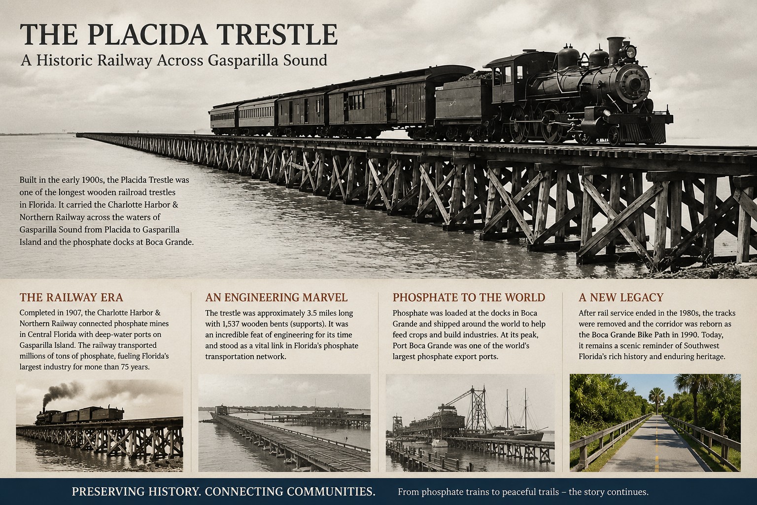 Historic steam locomotive crossing the Placida Trestle on the Charlotte Harbor & Northern Railway in Southwest Florida.