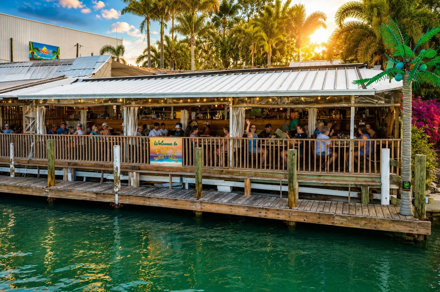 Pop's Sunset Grill waterfront restaurant on the Intracoastal Waterway near Venice Inlet and Nokomis Beach