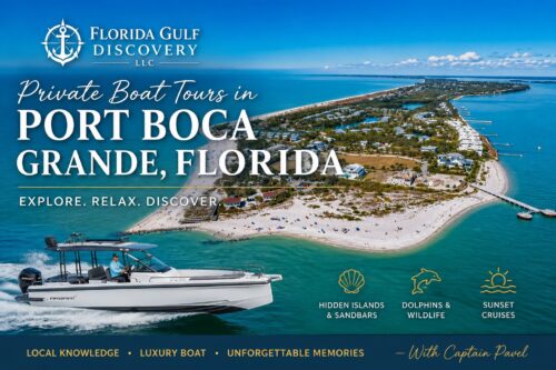 Aerial view of Port Boca Grande, Florida, promoting private boat tours by Florida Gulf Discovery LLC with Captain Pavel on Gasparilla Island.