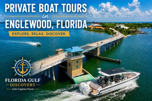 Private boat tours in Englewood Florida featuring the Tom Adams Bridge over Lemon Bay and a luxury boat with Florida Gulf Discovery branding.