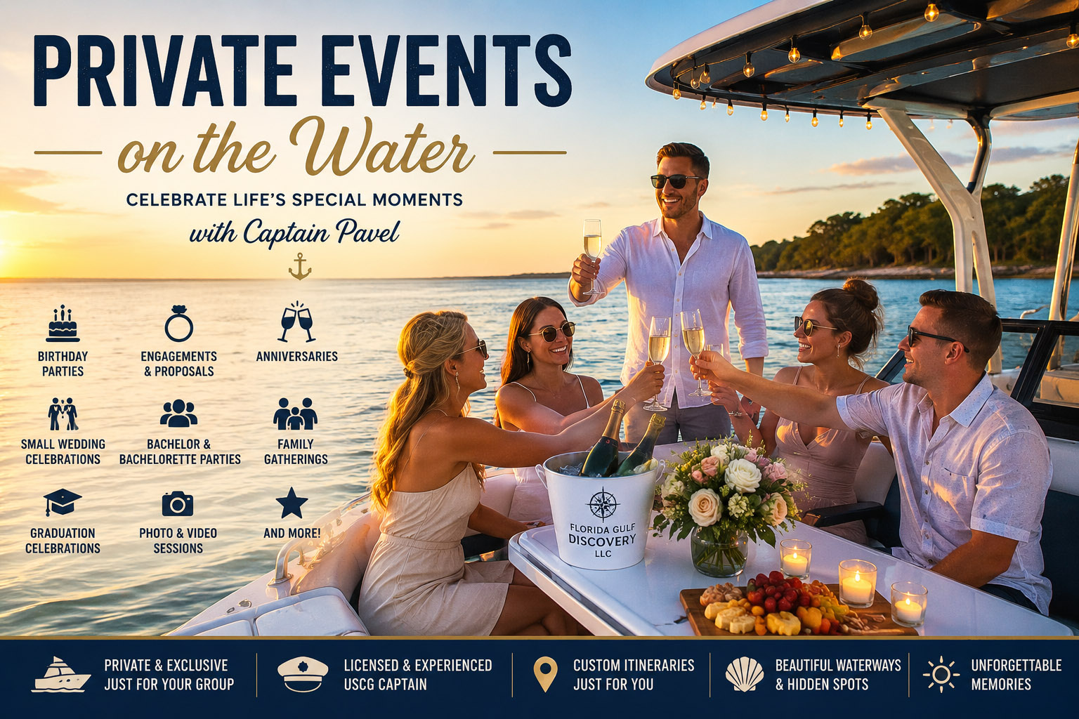 Private Events on the Water in Southwest Florida aboard a private Axopar boat with Captain Pavel. Celebrate birthdays, anniversaries, proposals, bachelor and bachelorette parties, graduations, and family gatherings.