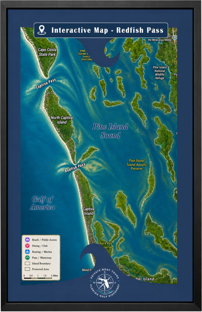 Interactive Map – Redfish Pass | Southwest Florida Interactive map of Redfish Pass showing Cayo Costa State Park, North Captiva Island, Captiva Island, Pine Island Sound, and surrounding Southwest Florida waterways.