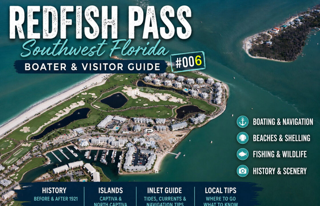 Redfish Pass Southwest Florida aerial view featured image for Boater & Visitor Guide #006, showing Captiva Island and the waters near Redfish Pass.