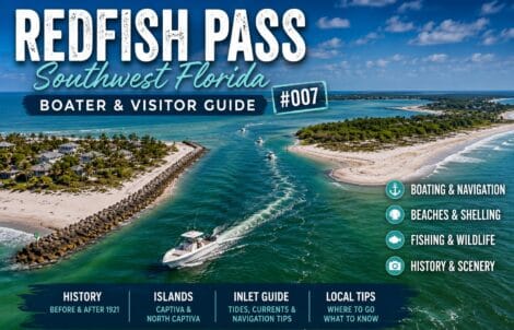 Aerial view of Redfish Pass between Captiva Island and North Captiva Island in Southwest Florida, showing the Gulf entrance, beaches, and boating channel.