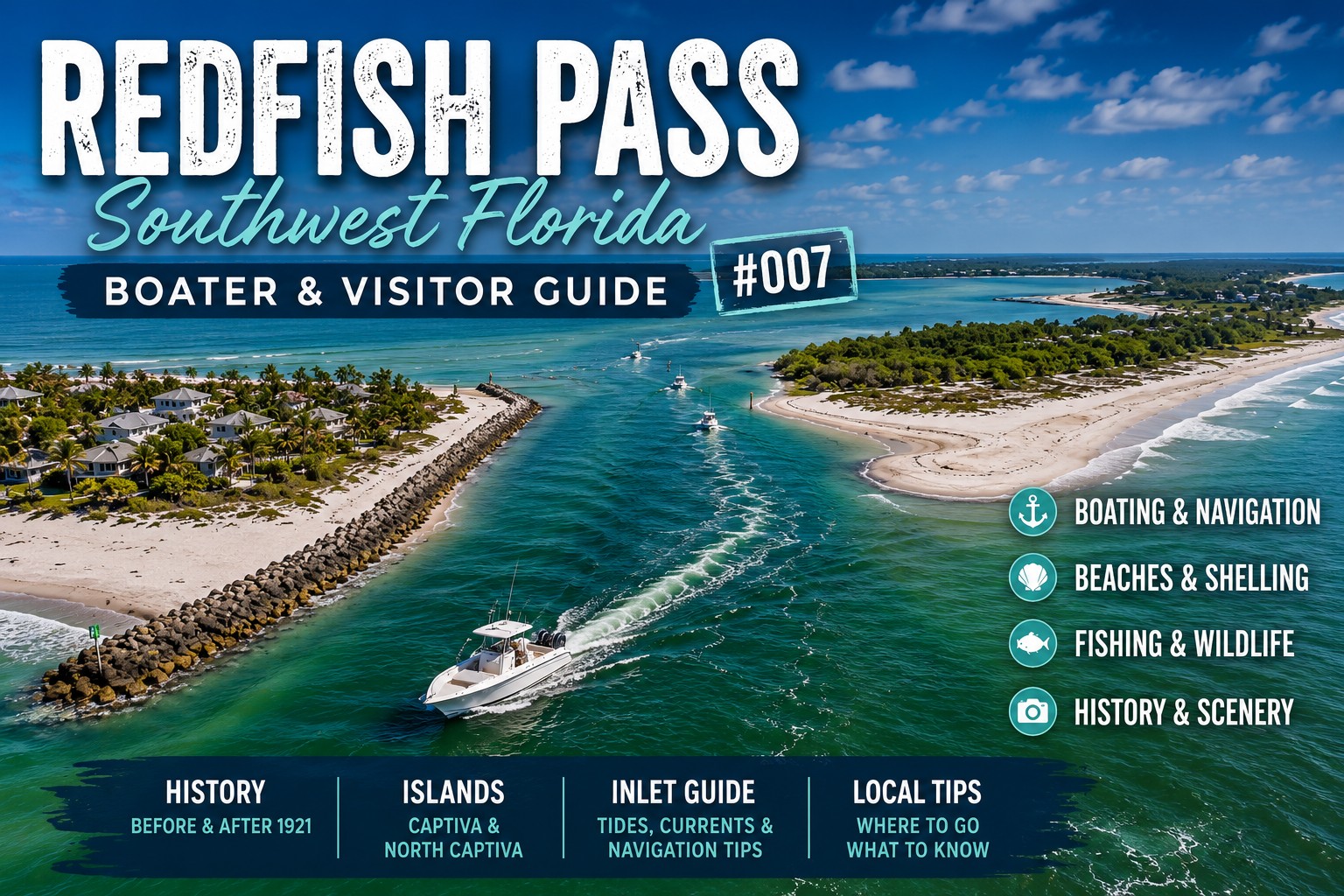 Aerial view of Redfish Pass between Captiva Island and North Captiva Island in Southwest Florida, showing the Gulf entrance, beaches, and boating channel.