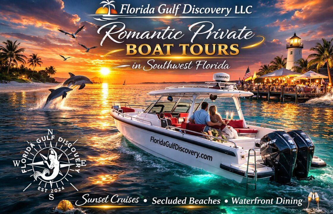 Couple enjoying a romantic private sunset boat tour in Southwest Florida aboard Captain Pavel's Axopar 29, with dolphins, waterfront dining, and a lighthouse at sunset.