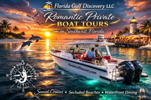 Couple enjoying a romantic private sunset boat tour in Southwest Florida aboard Captain Pavel's Axopar 29, with dolphins, waterfront dining, and a lighthouse at sunset.