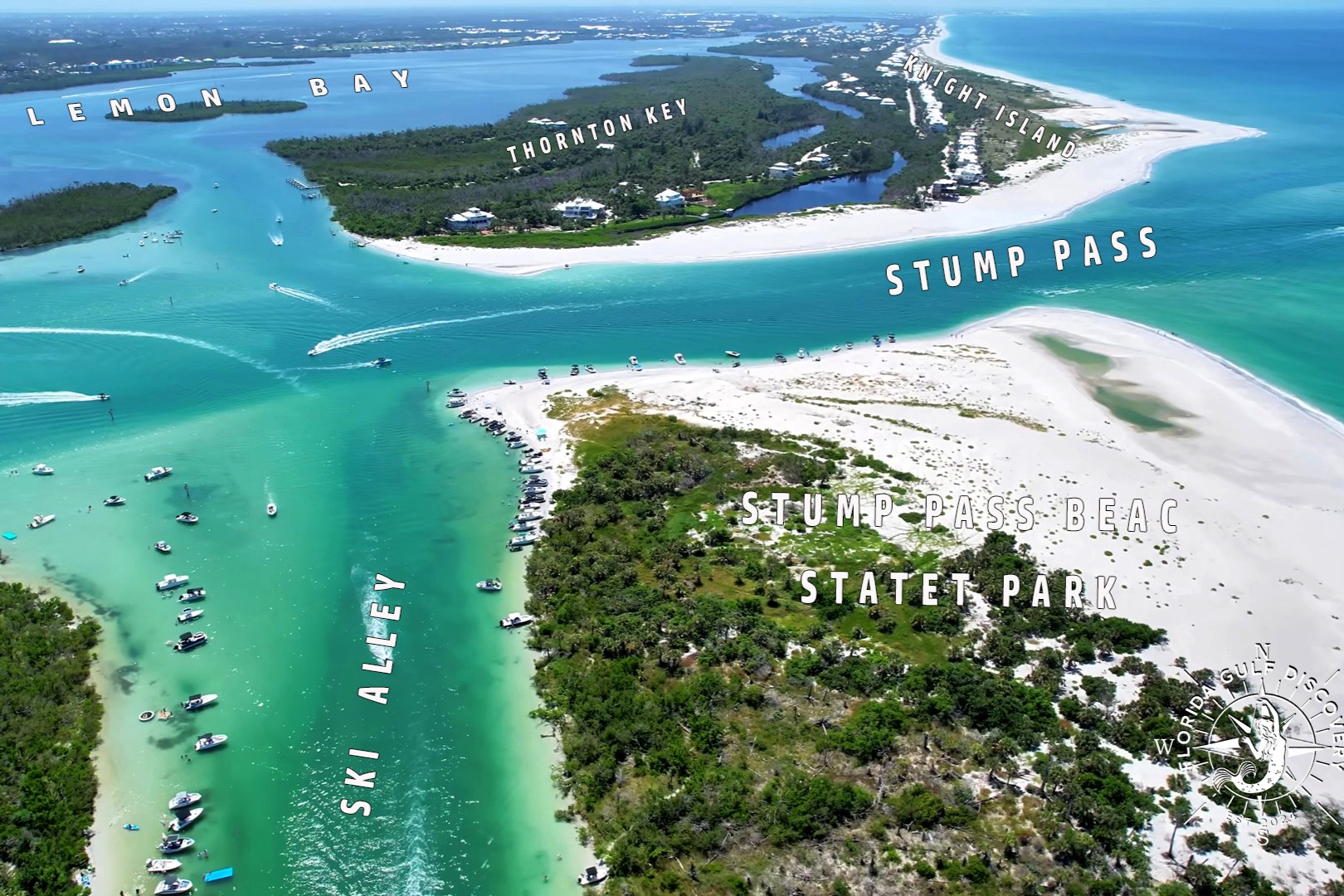 Aerial map showing Ski Alley, Stump Pass, and Lemon Bay on Manasota Key, Southwest Florida