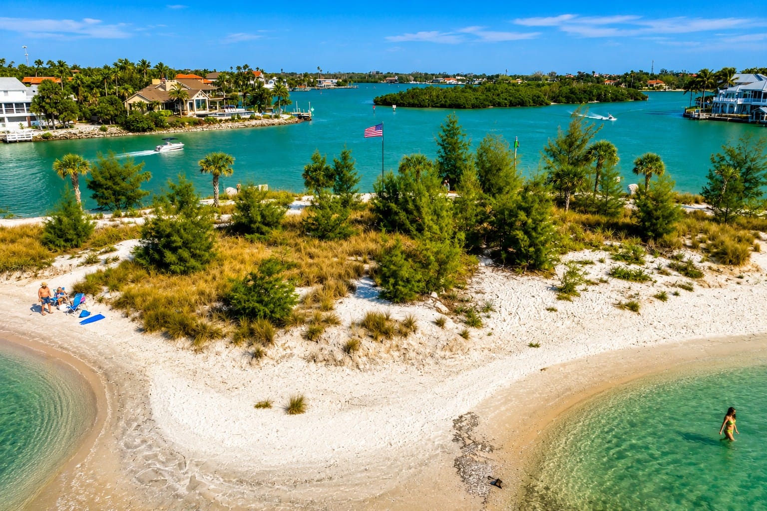 Aerial view of Snake Island and Bird Key near Venice Inlet in Southwest Florida