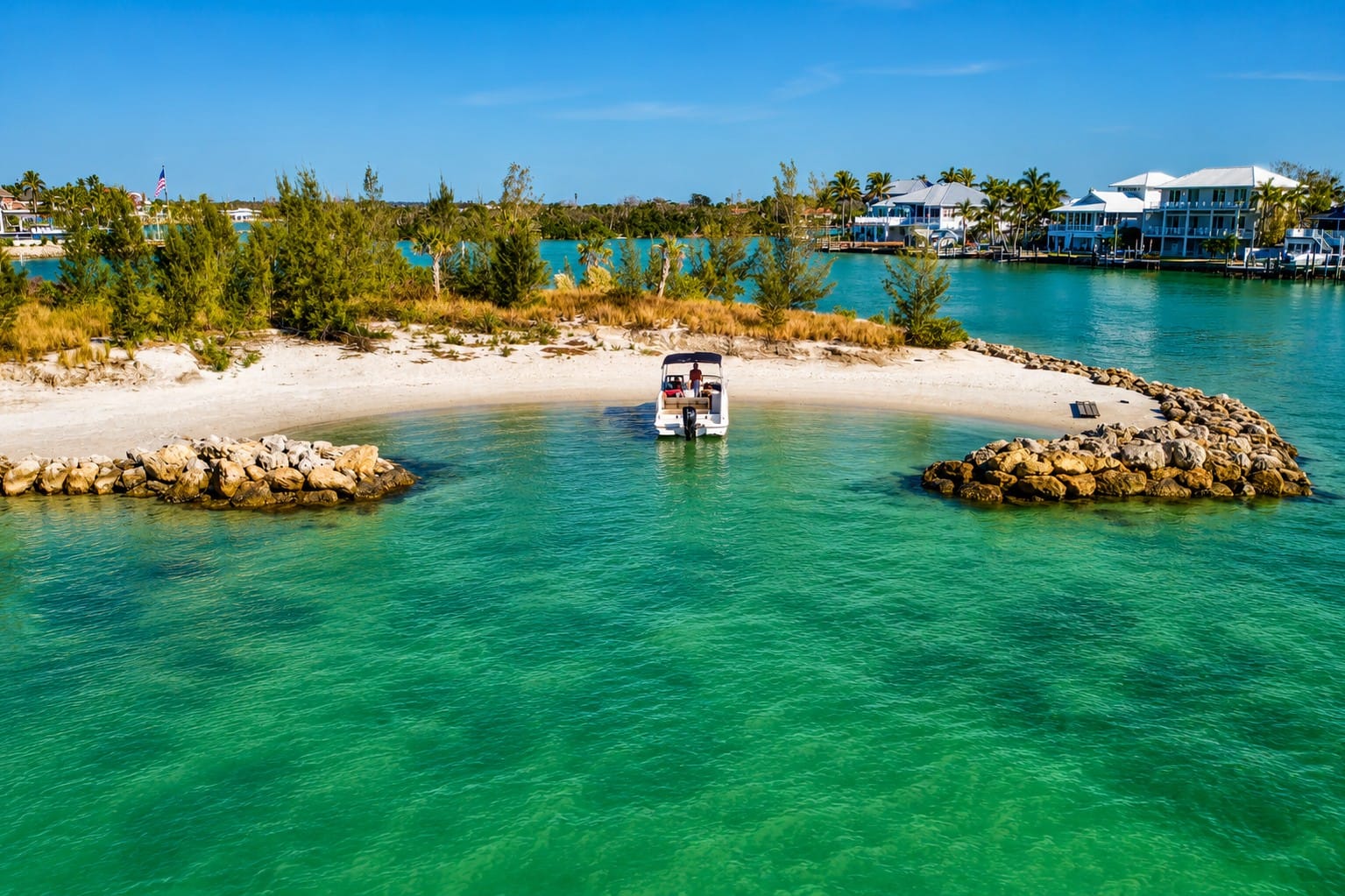 Aerial view looking south over Snake Island and Venice Inlet in Southwest Florida