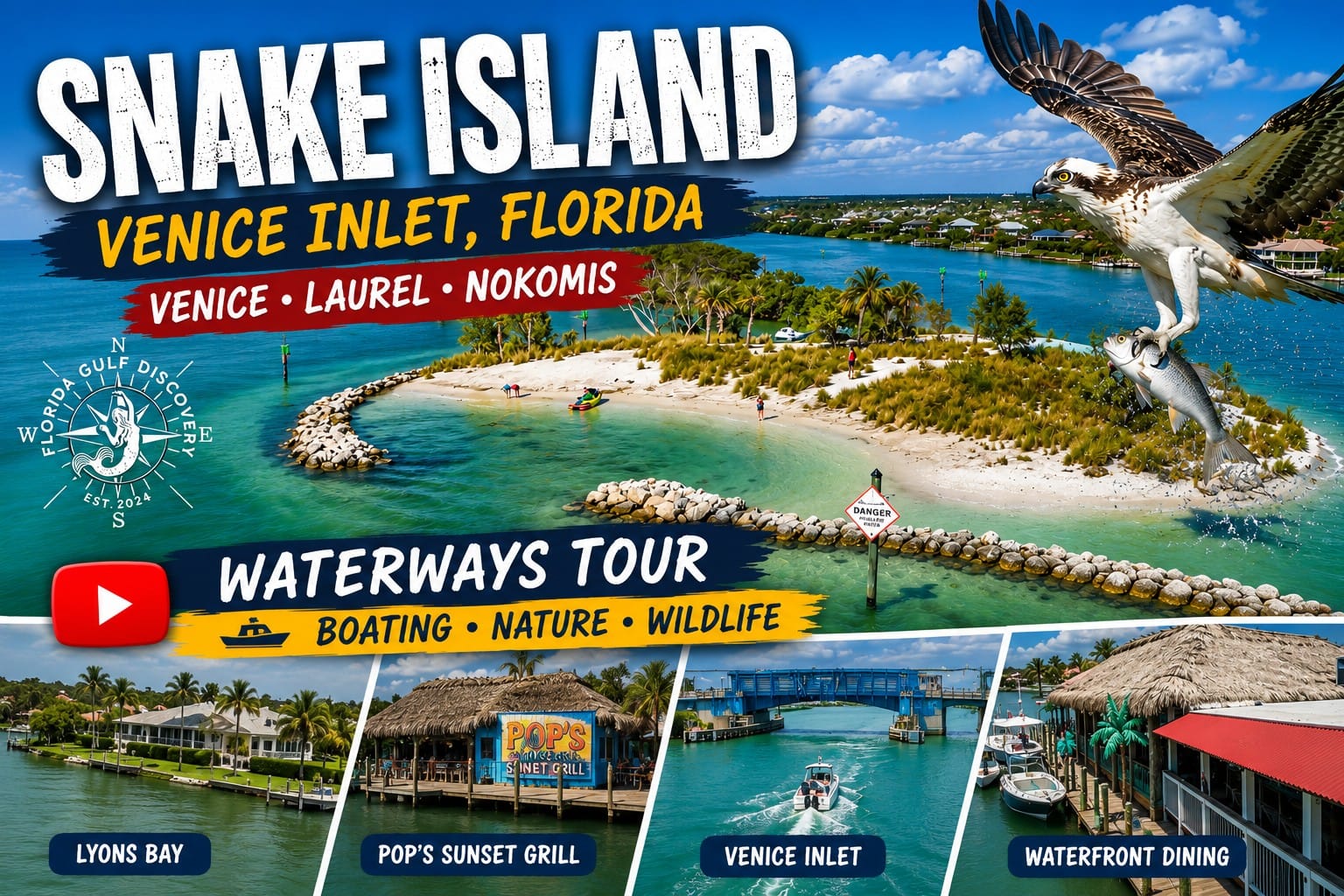 Snake Island at Venice Inlet, Florida, featuring aerial views, clear water, boats, and wildlife in Southwest Florida.