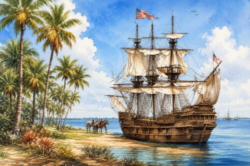 Historical illustration of a Spanish sailing ship anchored along Florida's Gulf Coast during the early era of European exploration.
