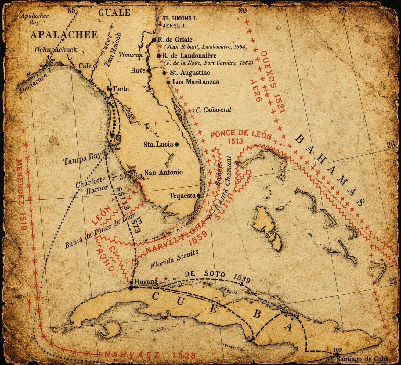 Antique map showing Spanish exploration routes along Florida's Gulf Coast