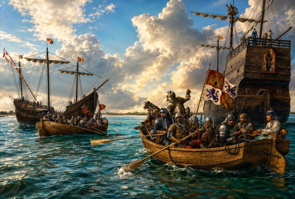 Historical illustration of Spanish explorers arriving in Charlotte Harbor aboard sailing ships and longboats during the early exploration of Southwest Florida.