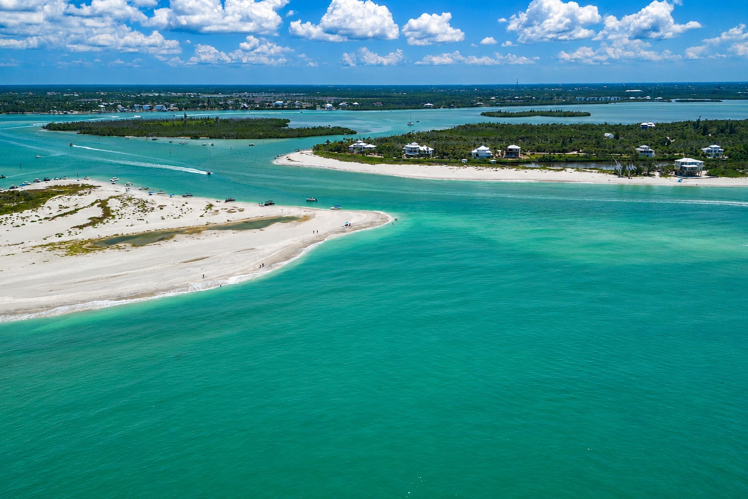 Aerial view of the Stump Pass sandbar at the south end of Manasota Key in May 2026