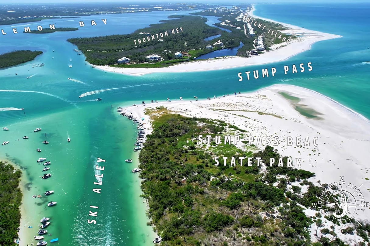 Labeled aerial map of Stump Pass and Ski Alley on Manasota Key, Florida
