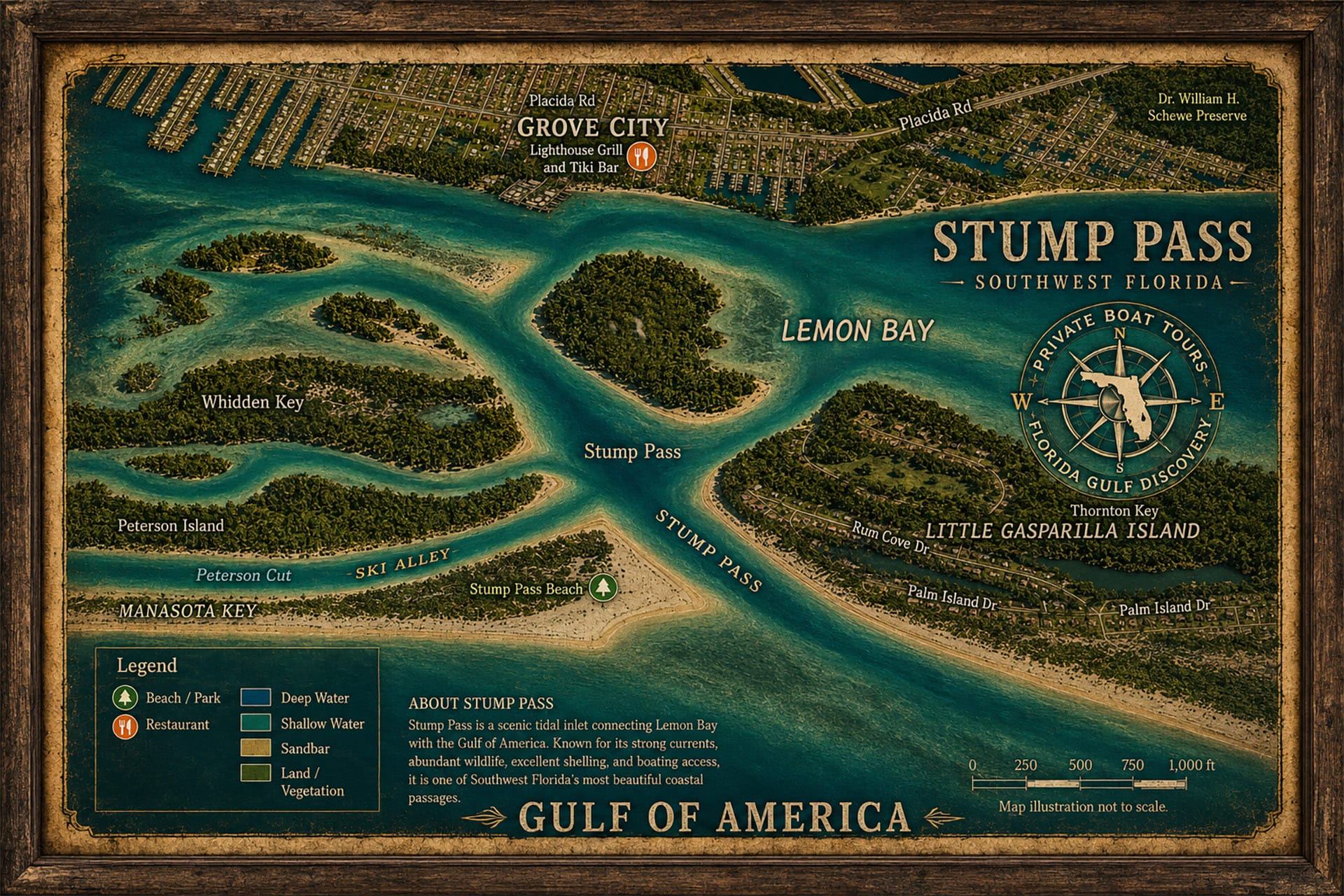 Stump Pass, Southwest Florida – Vintage Framed Illustrated Map Vintage framed illustrated map of Stump Pass, Lemon Bay, Manasota Key, and Little Gasparilla Island in Southwest Florida.