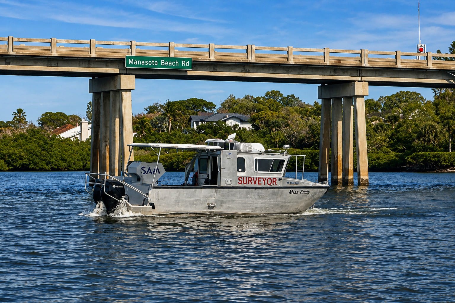 Survey boat passing beneath the Manasota Key Drawbridge on Lemon Bay, Florida