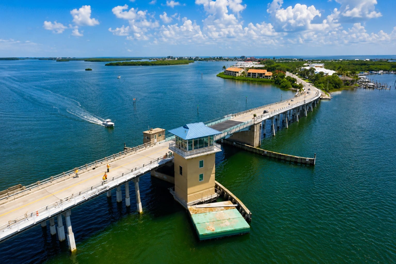 Aerial view of the Tom Adams Bridge crossing Lemon Bay in Englewood, Florida