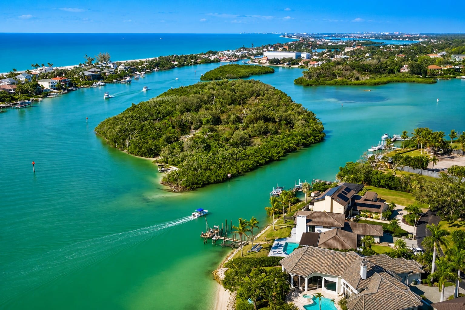 Aerial view of Turner Key near Venice Inlet and the Intracoastal Waterway in Venice, Florida