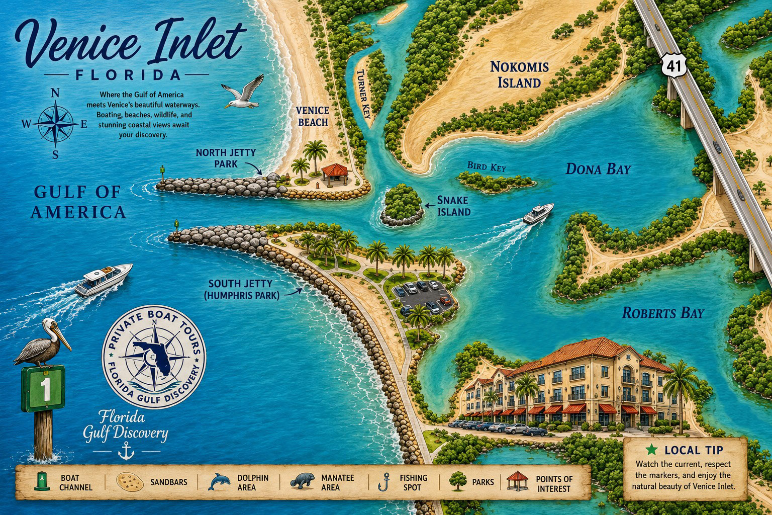 Venice Inlet, Florida | Illustrated Visitor & Boater Map Illustrated map of Venice Inlet, Florida showing North Jetty Park, South Jetty, Snake Island, Bird Key, Turner Key, Nokomis Island, Roberts Bay, Dona Bay, and nearby boating landmarks.