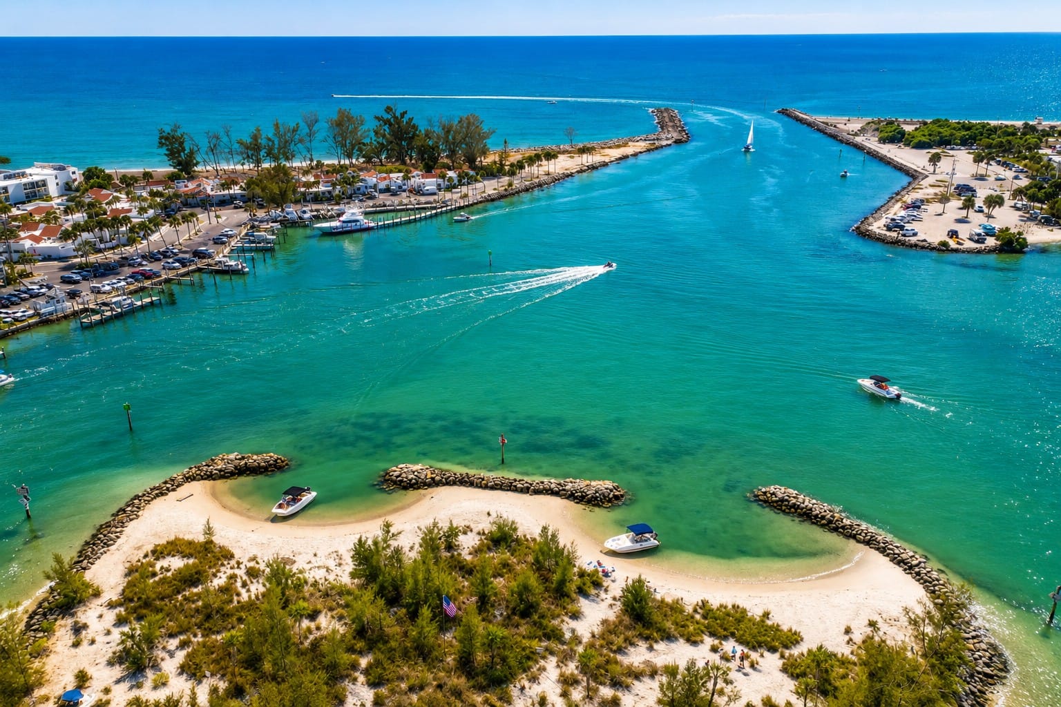 Enhanced aerial view of Venice Inlet and Snake Island in Southwest Florida