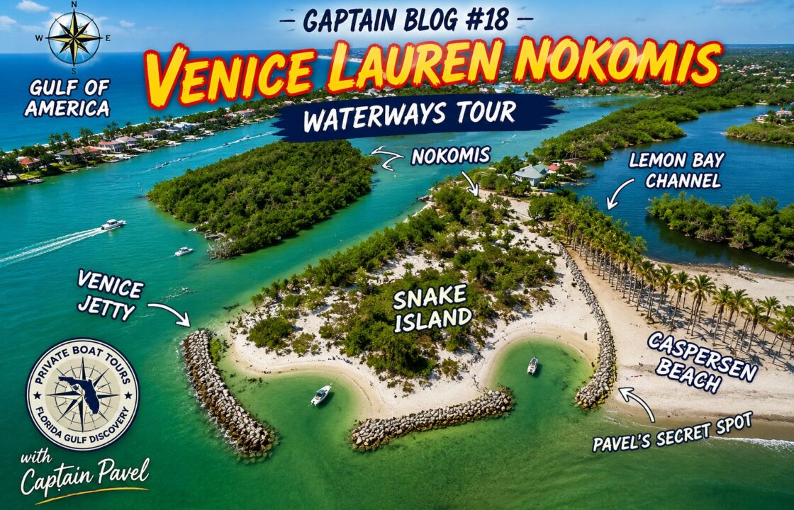 Aerial view of Snake Island, Venice Jetty, Caspersen Beach, Lemon Bay Channel, and the waterways around Venice, Laurel, and Nokomis, Florida during Captain Pavel's Waterways Tour.