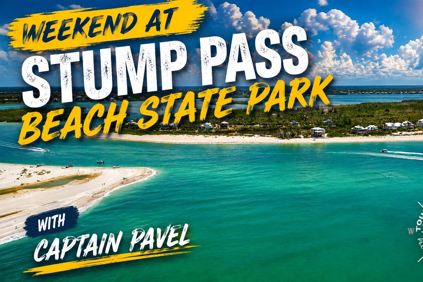 Aerial view of Stump Pass Beach State Park and Ski Alley during a busy weekend on Manasota Key, Southwest Florida.