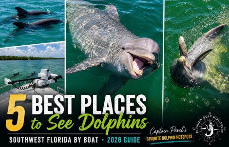 Playful bottlenose dolphins in Southwest Florida featured in Captain Pavel's 2026 guide to the five best places for dolphin watching by boat.
