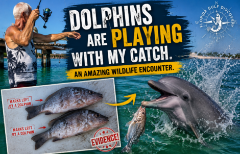 Captain Pavel watches a wild bottlenose dolphin playing with a released snapper while an evidence panel shows dolphin bite marks on two mangrove snappers in Southwest Florida.