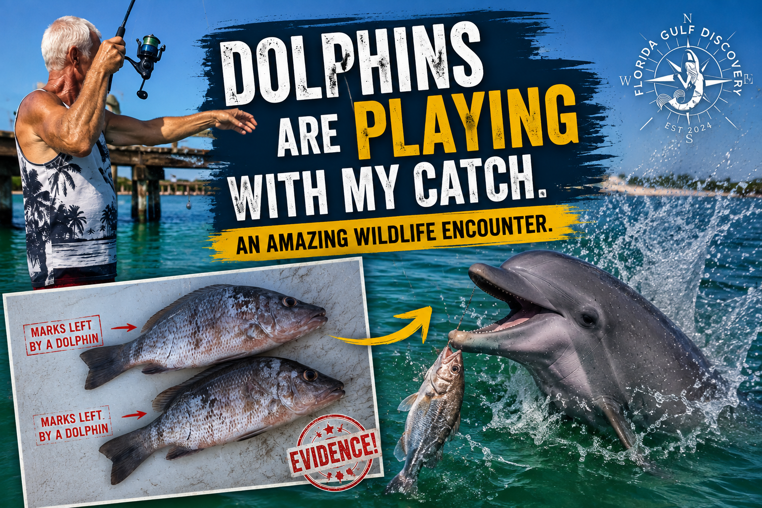 Captain Pavel watches a wild bottlenose dolphin playing with a released snapper while an evidence panel shows dolphin bite marks on two mangrove snappers in Southwest Florida.