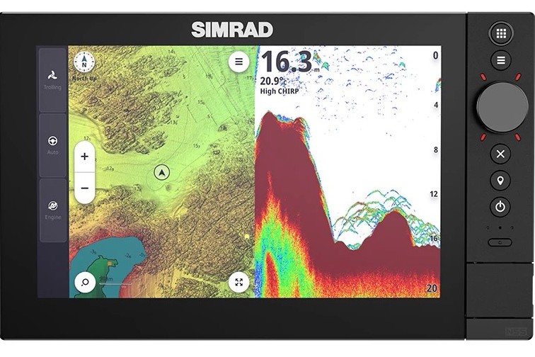 Simrad marine chartplotter displaying C-MAP electronic navigation charts with depth contours and shallow-water information