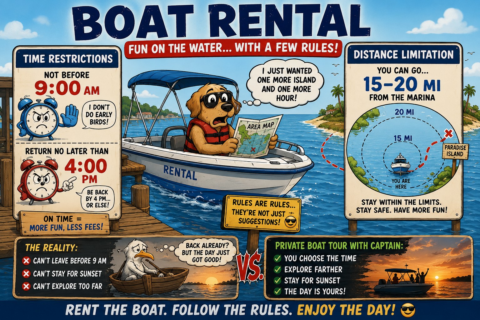 Boat rental time and distance restrictions compared with a private boat tour in Southwest Florida