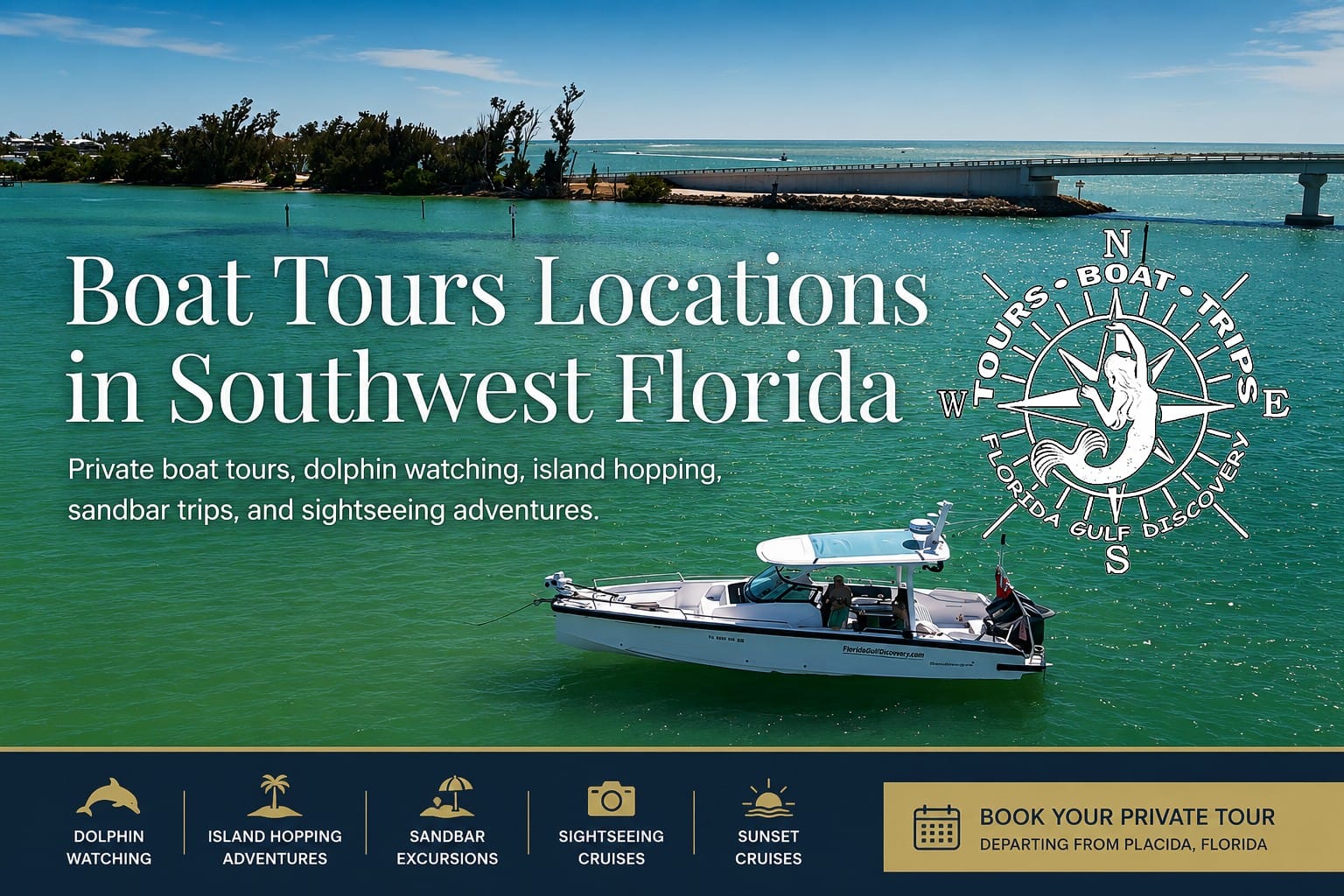Private boat tour locations in Southwest Florida with Captain Pavel, including barrier islands, beaches, sandbars, Gulf passes and coastal destinations.