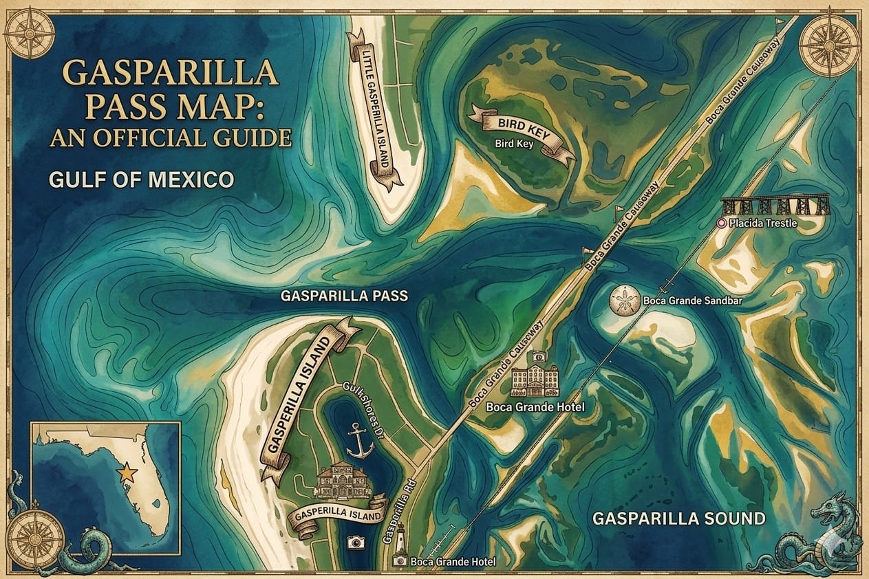 Aerial view of Boca Grande Pass showing Bird Key, Boca Grande Sandbar, Boca Grande Causeway, and Gasparilla Island in Southwest Florida.