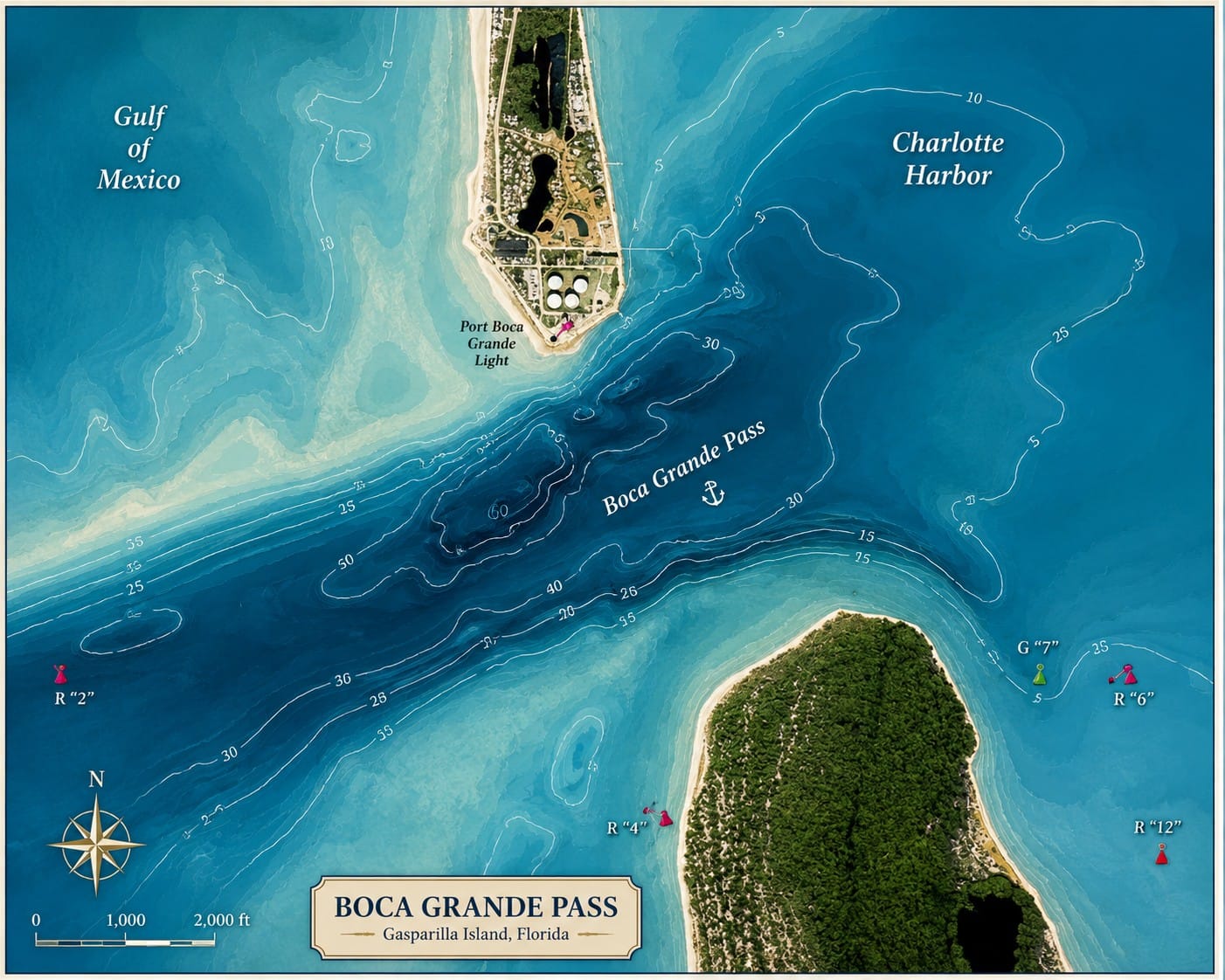 Boca Grande Pass Bathymetry Map | Southwest Florida Underwater Topography Illustrated bathymetric map of Boca Grande Pass showing depth contours, the natural deep channel, shoals, and Port Boca Grande Lighthouse in Southwest Florida.