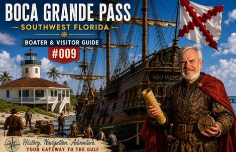 Captain Pavel with a historic Spanish galleon at the Port Boca Grande Lighthouse illustrating the maritime history of Boca Grande Pass, Southwest Florida.