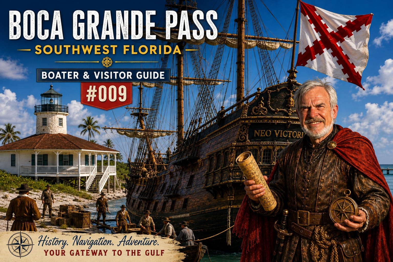 Captain Pavel with a historic Spanish galleon at the Port Boca Grande Lighthouse illustrating the maritime history of Boca Grande Pass, Southwest Florida.