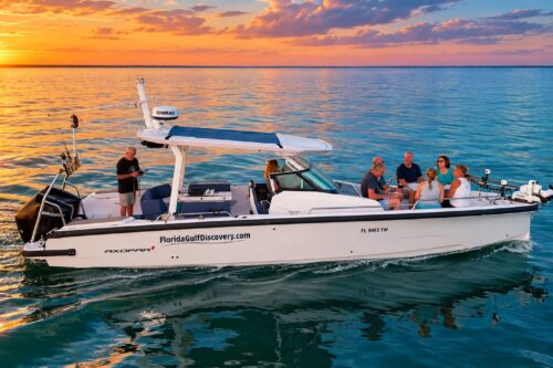 Guests enjoying a private sunset boat tour through Boca Grande Pass with Florida Gulf Discovery LLC.