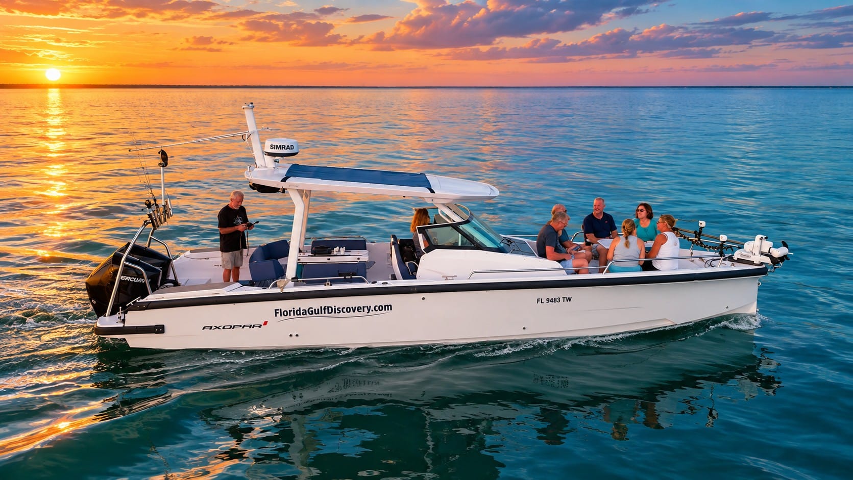 Private boat tour at Boca Grande Pass during sunset with Captain Pavel and Florida Gulf Discovery in Southwest Florida.