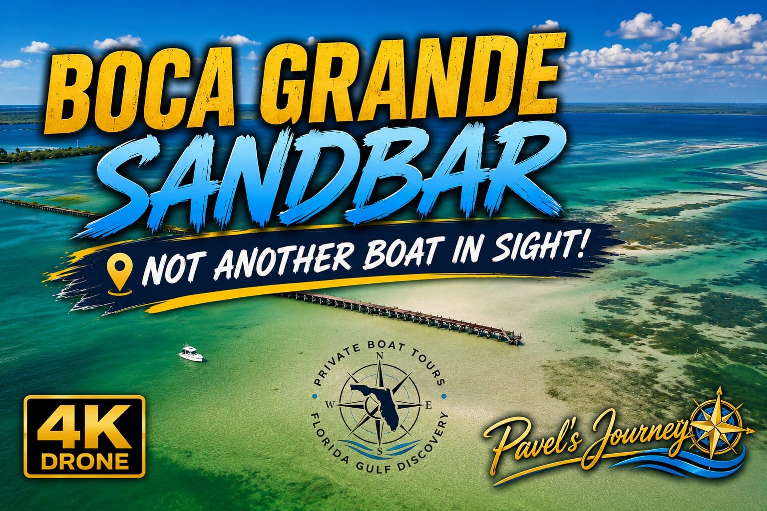 Aerial view of Boca Grande Sandbar in Southwest Florida during Captain Pavel's 4K drone journey, showing shallow turquoise water, shifting sand and the surrounding coastal landscape.